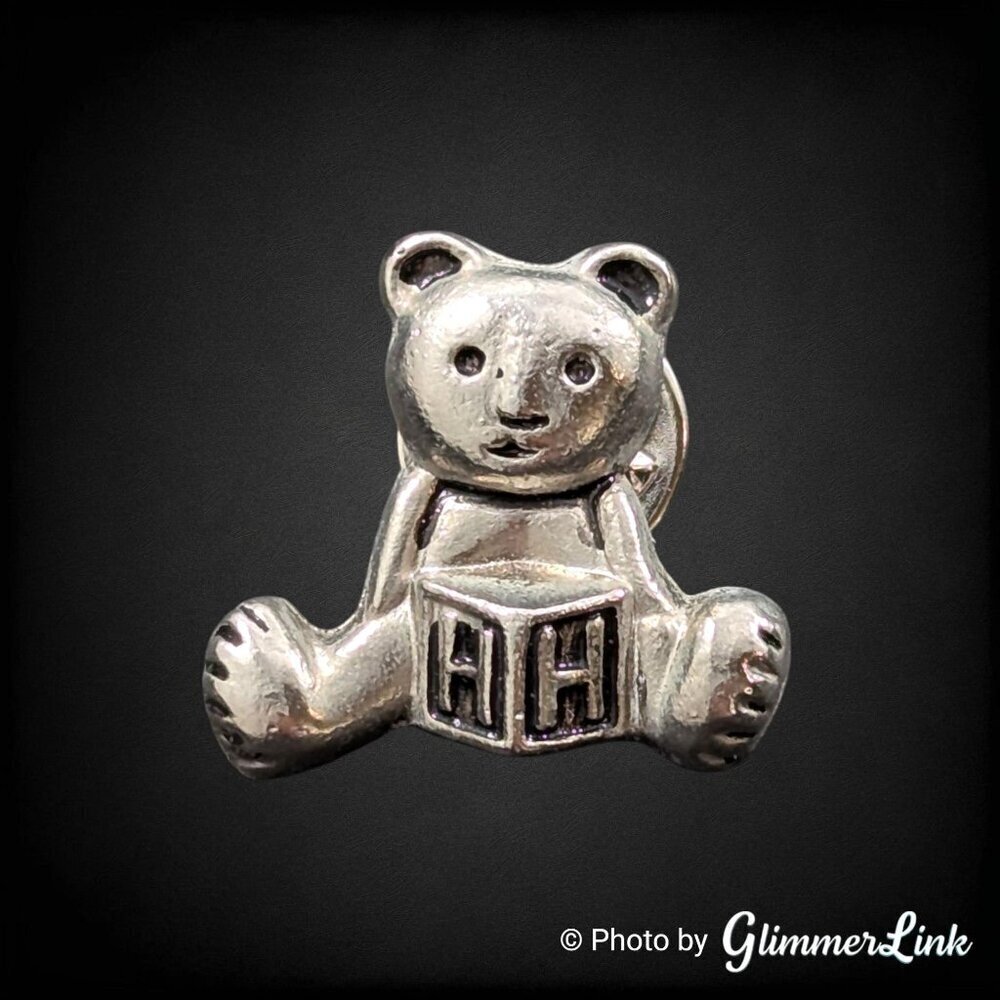 Vintage Teddy Bear Pin Tie Tack with Alphabet Block H - Silver Tone